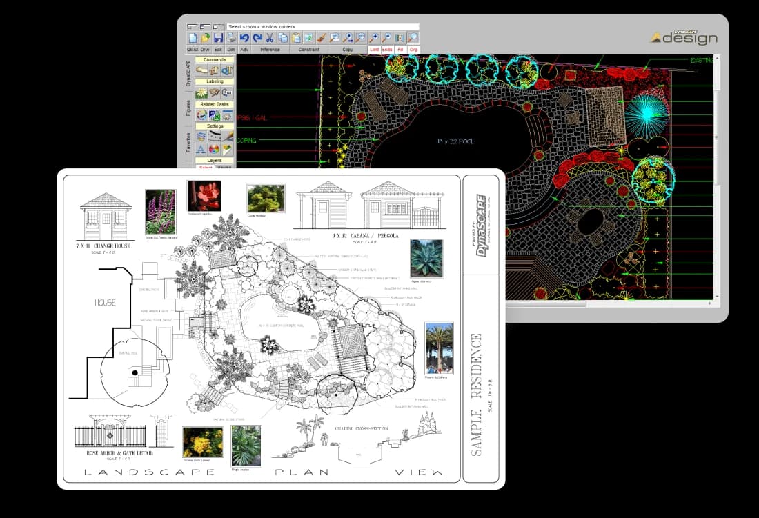 A landscape design plan and pool rendering created with professional design software