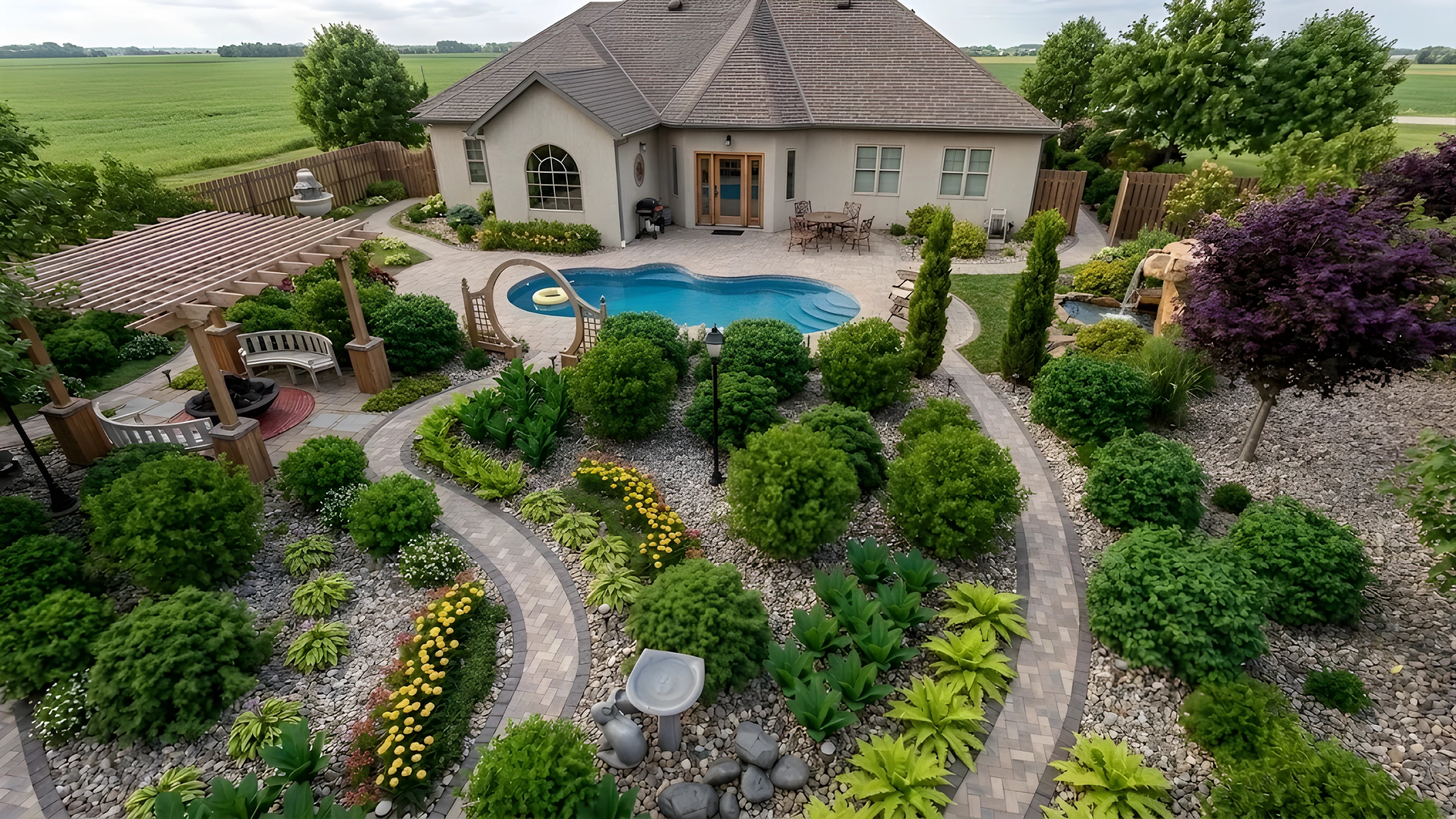 The finished, realized landscape matching the original design plan