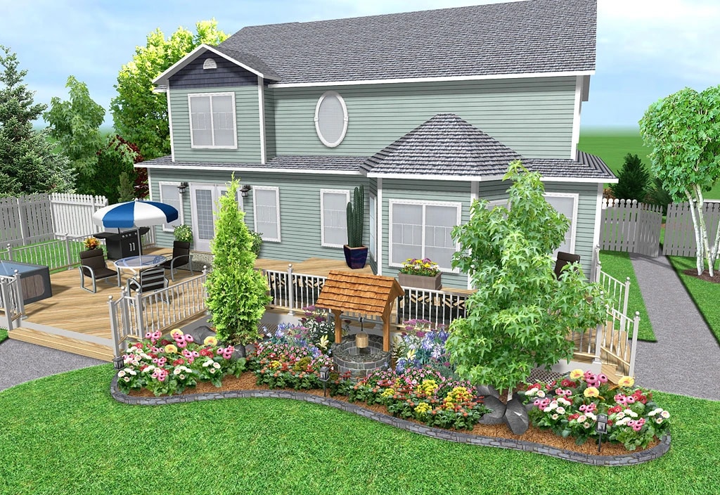 3D landscape design software rendering of a backyard planting and patio plan